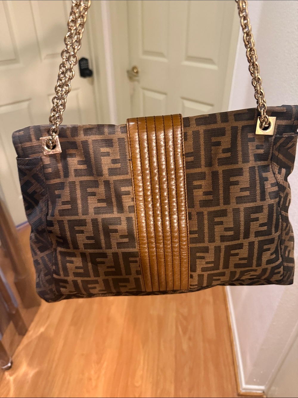Fendi Brown Zucca FF-Logo Shoulder:Crossbody Bag with Tan Leather Trim - Picture 5 of 13